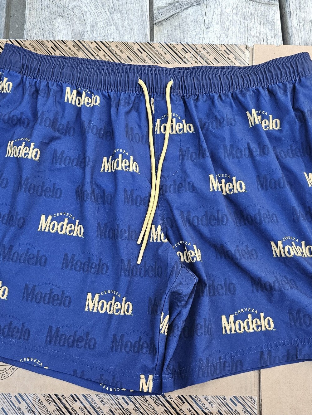 3XL Cerveza Modelo Royal Blue Swim Trunks with Gold Logo and Drawstring